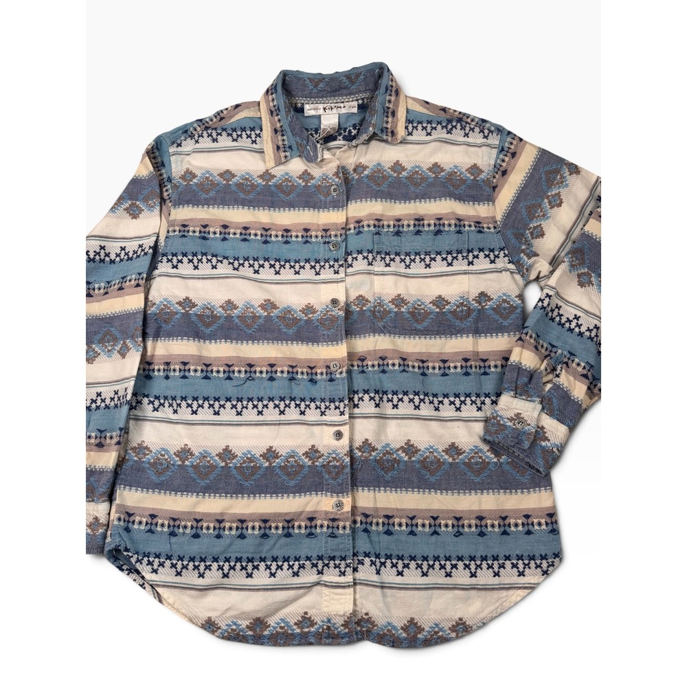 Authentic Kikomo Style Blue Southwestern Cotton Button Down Shirt Large